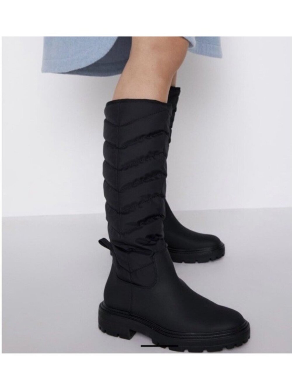 Zara Boots | Zara Low Heel Quilted Tall Chevron Boots Women US 6 Black Lug Sole